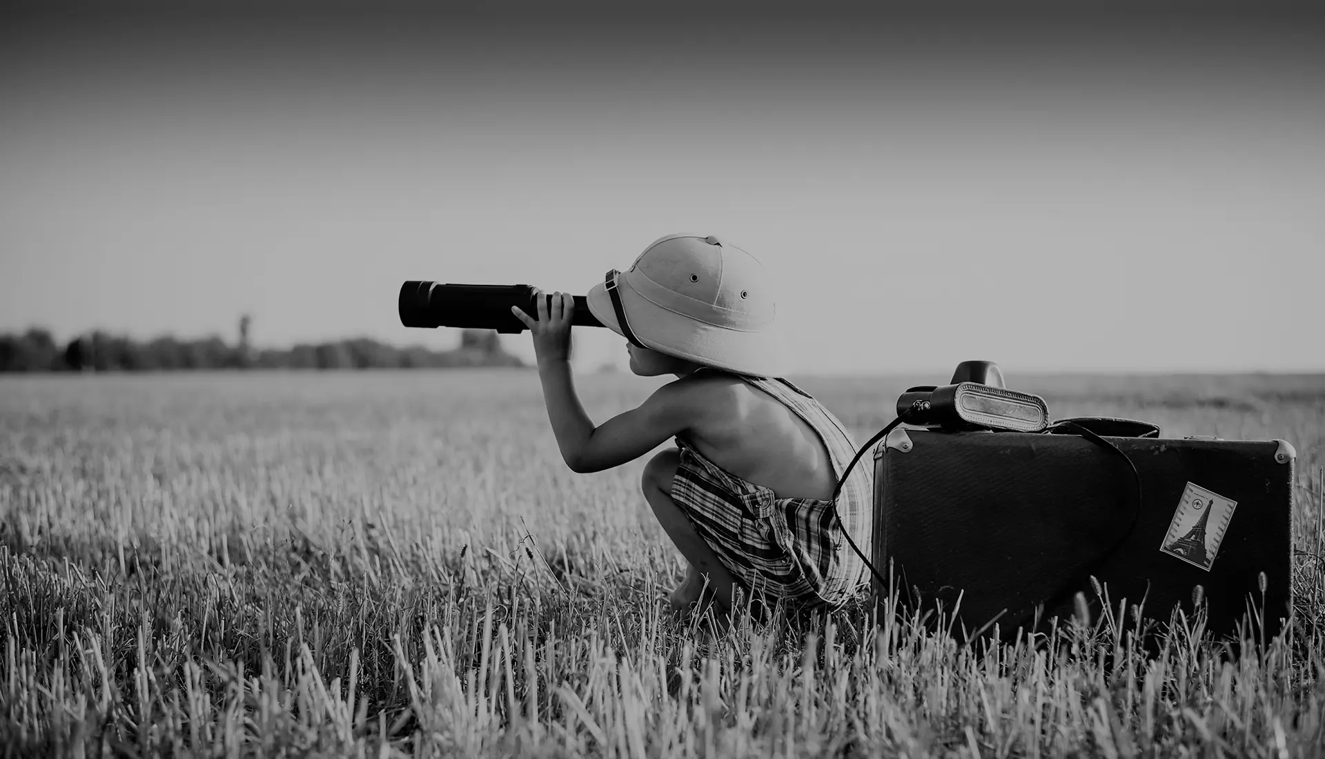 Child with a suitcase and spotting scope in a summer field